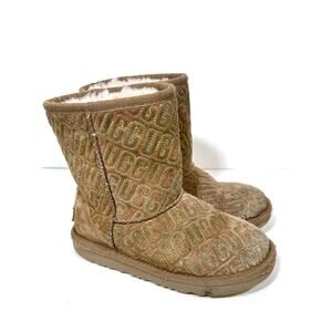 UGG Australia Classic II Rainbow Graphic Stitch Boots Girls Size 1 Brown Casual
